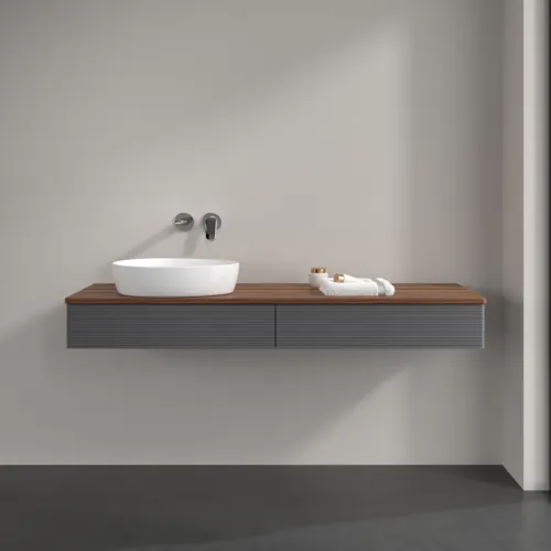 Bild von VILLEROY BOCH Antao Waschbeckenunterschrank, 2 Auszüge, 1600 x 190 x 500 mm, Front mit Struktur, Anthracite Matt Lacquer / Warm Walnut #K15112GK