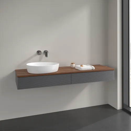 Bild von VILLEROY BOCH Antao Waschbeckenunterschrank, 2 Auszüge, 1600 x 190 x 500 mm, Front mit Struktur, Anthracite Matt Lacquer / Warm Walnut #K15112GK