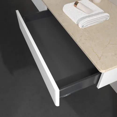 Picture of VILLEROY BOCH Antao Vanity unit, 2 pull-out compartments, 1600 x 190 x 500 mm, Front with grain texture, Glossy White Lacquer / Botticino #K15113GF