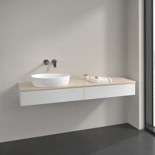 Picture of VILLEROY BOCH Antao Vanity unit, 2 pull-out compartments, 1600 x 190 x 500 mm, Front with grain texture, Glossy White Lacquer / Botticino #K15113GF