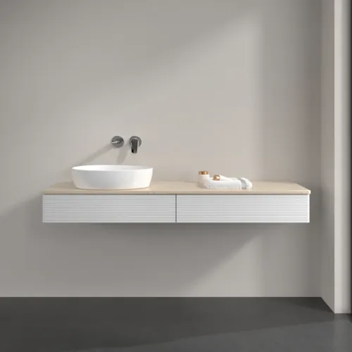 Picture of VILLEROY BOCH Antao Vanity unit, 2 pull-out compartments, 1600 x 190 x 500 mm, Front with grain texture, Glossy White Lacquer / Botticino #K15113GF