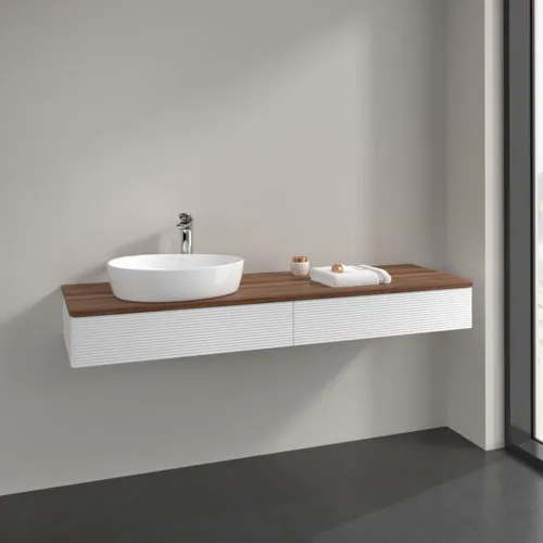 Picture of VILLEROY BOCH Antao Vanity unit, 2 pull-out compartments, 1600 x 190 x 500 mm, Front with grain texture, White Matt Lacquer / Warm Walnut #K15152MT
