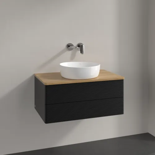 Bild von VILLEROY BOCH Antao Waschbeckenunterschrank, 2 Auszüge, 800 x 360 x 500 mm, Front mit Struktur, Black Matt Lacquer / Honey Oak #K19111PD