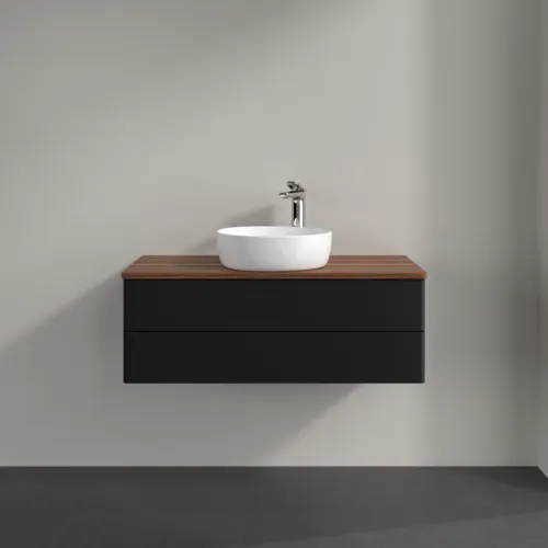 Bild von VILLEROY BOCH Antao Waschbeckenunterschrank, 2 Auszüge, 1000 x 360 x 500 mm, Front ohne Struktur, Black Matt Lacquer / Warm Walnut #K20052PD