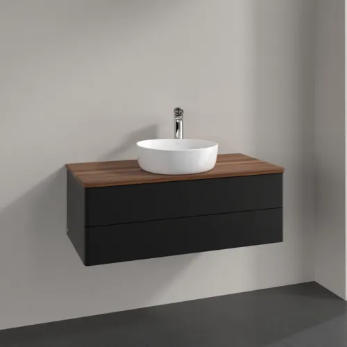 Bild von VILLEROY BOCH Antao Waschbeckenunterschrank, 2 Auszüge, 1000 x 360 x 500 mm, Front ohne Struktur, Black Matt Lacquer / Warm Walnut #K20052PD