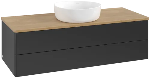 Bild von VILLEROY BOCH Antao Waschbeckenunterschrank, 2 Auszüge, 1200 x 360 x 500 mm, Front ohne Struktur, Black Matt Lacquer / Honey Oak #K21011PD