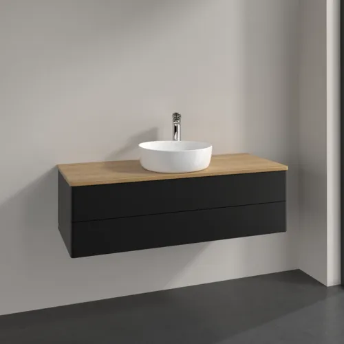 Bild von VILLEROY BOCH Antao Waschbeckenunterschrank, 2 Auszüge, 1200 x 360 x 500 mm, Front ohne Struktur, Black Matt Lacquer / Honey Oak #K21051PD