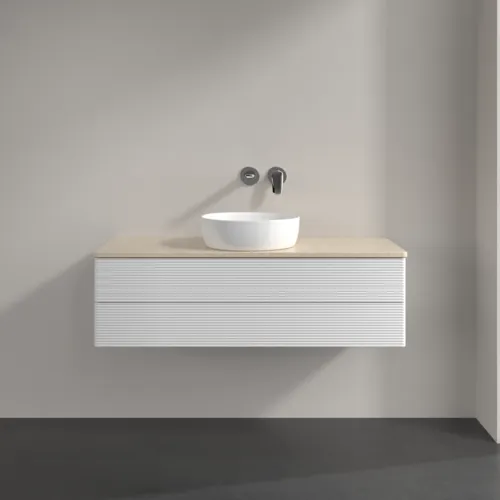 Bild von VILLEROY BOCH Antao Waschbeckenunterschrank, 2 Auszüge, 1200 x 360 x 500 mm, Front mit Struktur, Glossy White Lacquer / Botticino #K21113GF