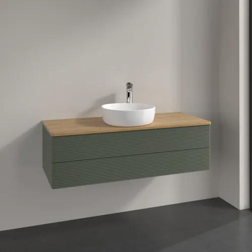 Bild von VILLEROY BOCH Antao Waschbeckenunterschrank, 2 Auszüge, 1200 x 360 x 500 mm, Front mit Struktur, Leaf Green Matt Lacquer / Honey Oak #K21151HL