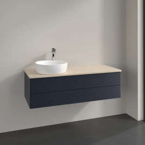 Bild von VILLEROY BOCH Antao Waschbeckenunterschrank, 2 Auszüge, 1200 x 360 x 500 mm, Front mit Struktur, Midnight Blue Matt Lacquer / Botticino #K22153HG