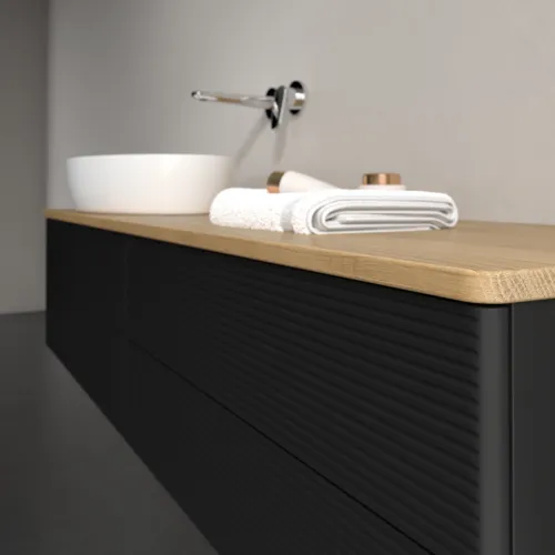 Picture of VILLEROY BOCH Antao Vanity unit, 4 pull-out compartments, 1600 x 360 x 500 mm, Front with grain texture, Black Matt Lacquer / Honey Oak #K26111PD