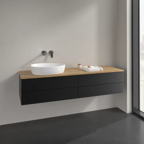 Picture of VILLEROY BOCH Antao Vanity unit, 4 pull-out compartments, 1600 x 360 x 500 mm, Front with grain texture, Black Matt Lacquer / Honey Oak #K26111PD