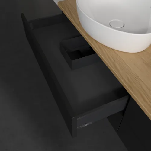 Picture of VILLEROY BOCH Antao Vanity unit, 4 pull-out compartments, 1600 x 360 x 500 mm, Front with grain texture, Black Matt Lacquer / Honey Oak #K26111PD