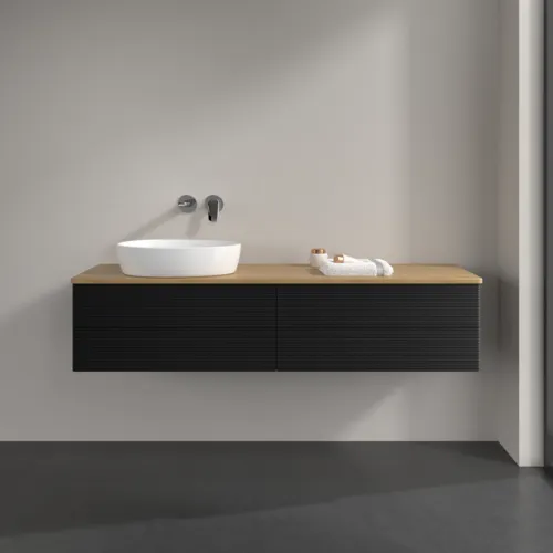 Picture of VILLEROY BOCH Antao Vanity unit, 4 pull-out compartments, 1600 x 360 x 500 mm, Front with grain texture, Black Matt Lacquer / Honey Oak #K26111PD