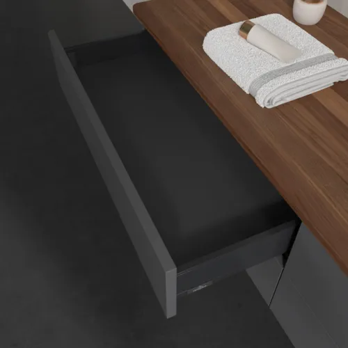 Bild von VILLEROY BOCH Antao Waschbeckenunterschrank, 4 Auszüge, 1600 x 360 x 500 mm, Front ohne Struktur, Anthracite Matt Lacquer / Warm Walnut #K27052GK