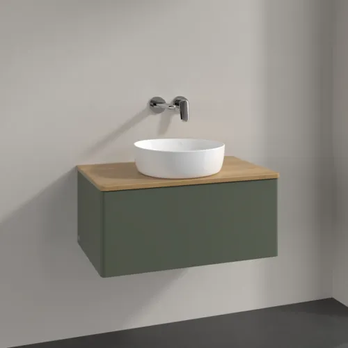 Bild von VILLEROY BOCH Antao Waschbeckenunterschrank, 1 Auszug, 800 x 360 x 500 mm, Front ohne Struktur, Leaf Green Matt Lacquer / Honey Oak #K30011HL