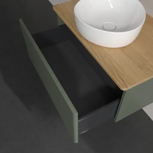 Bild von VILLEROY BOCH Antao Waschbeckenunterschrank, 1 Auszug, 800 x 360 x 500 mm, Front ohne Struktur, Leaf Green Matt Lacquer / Honey Oak #K30011HL