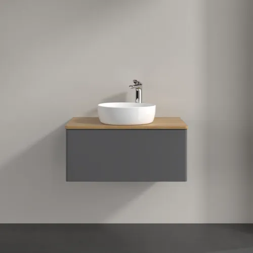 Bild von VILLEROY BOCH Antao Waschbeckenunterschrank, 1 Auszug, 800 x 360 x 500 mm, Front ohne Struktur, Anthracite Matt Lacquer / Honey Oak #K30051GK
