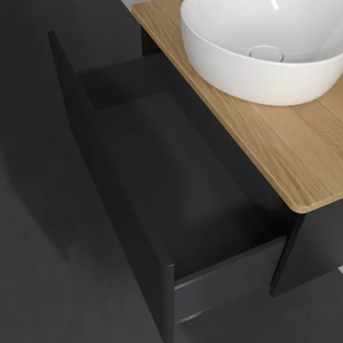 Bild von VILLEROY BOCH Antao Waschbeckenunterschrank, 1 Auszug, 800 x 360 x 500 mm, Front ohne Struktur, Black Matt Lacquer / Honey Oak #K30011PD