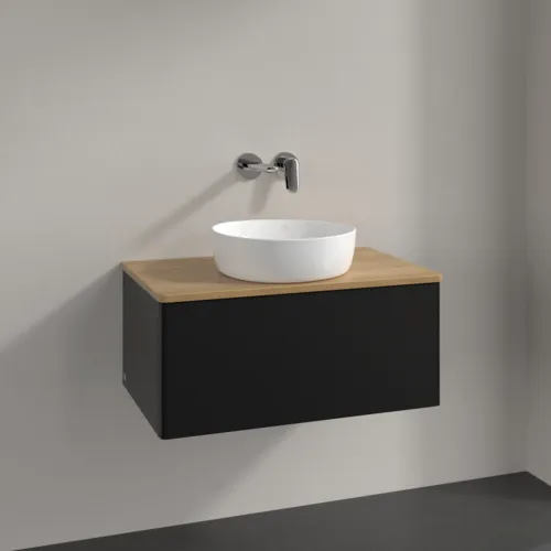 Bild von VILLEROY BOCH Antao Waschbeckenunterschrank, 1 Auszug, 800 x 360 x 500 mm, Front ohne Struktur, Black Matt Lacquer / Honey Oak #K30011PD