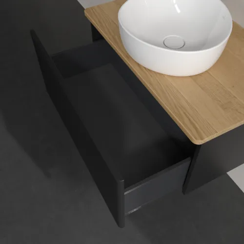 Bild von VILLEROY BOCH Antao Waschbeckenunterschrank, 1 Auszug, 800 x 360 x 500 mm, Front mit Struktur, Black Matt Lacquer / Honey Oak #K30111PD