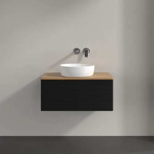 Bild von VILLEROY BOCH Antao Waschbeckenunterschrank, 1 Auszug, 800 x 360 x 500 mm, Front mit Struktur, Black Matt Lacquer / Honey Oak #K30111PD