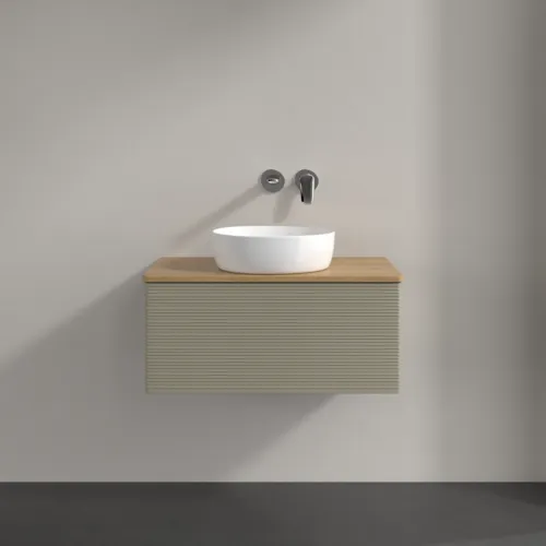 Bild von VILLEROY BOCH Antao Waschbeckenunterschrank, 1 Auszug, 800 x 360 x 500 mm, Front mit Struktur, Stone Grey Matt Lacquer / Honey Oak #K30111HK