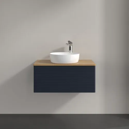 Bild von VILLEROY BOCH Antao Waschbeckenunterschrank, 1 Auszug, 800 x 360 x 500 mm, Front mit Struktur, Midnight Blue Matt Lacquer / Honey Oak #K30151HG
