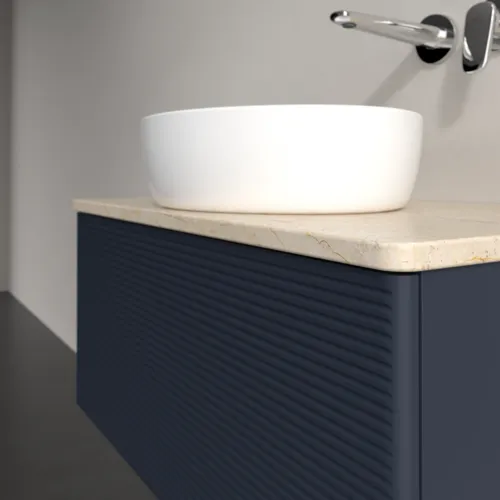 Bild von VILLEROY BOCH Antao Waschbeckenunterschrank, 1 Auszug, 800 x 360 x 500 mm, Front mit Struktur, Midnight Blue Matt Lacquer / Botticino #K30113HG