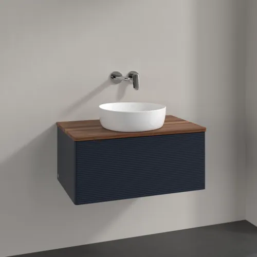 Bild von VILLEROY BOCH Antao Waschbeckenunterschrank, 1 Auszug, 800 x 360 x 500 mm, Front mit Struktur, Midnight Blue Matt Lacquer / Warm Walnut #K30112HG