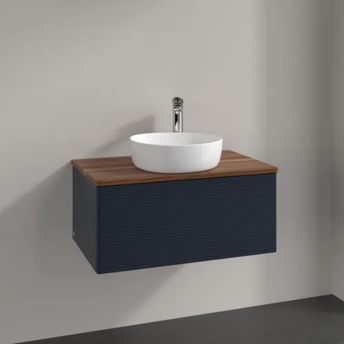 Bild von VILLEROY BOCH Antao Waschbeckenunterschrank, 1 Auszug, 800 x 360 x 500 mm, Front mit Struktur, Midnight Blue Matt Lacquer / Warm Walnut #K30152HG