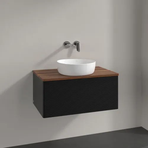 Bild von VILLEROY BOCH Antao Waschbeckenunterschrank, 1 Auszug, 800 x 360 x 500 mm, Front mit Struktur, Black Matt Lacquer / Warm Walnut #K30112PD