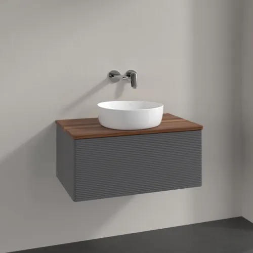 Bild von VILLEROY BOCH Antao Waschbeckenunterschrank, 1 Auszug, 800 x 360 x 500 mm, Front mit Struktur, Anthracite Matt Lacquer / Warm Walnut #K30112GK