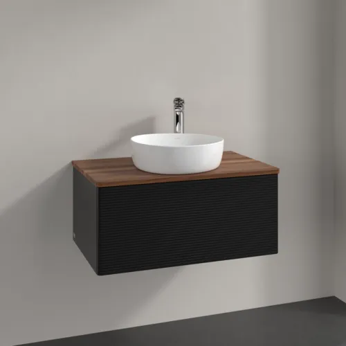 Bild von VILLEROY BOCH Antao Waschbeckenunterschrank, 1 Auszug, 800 x 360 x 500 mm, Front mit Struktur, Black Matt Lacquer / Warm Walnut #K30152PD