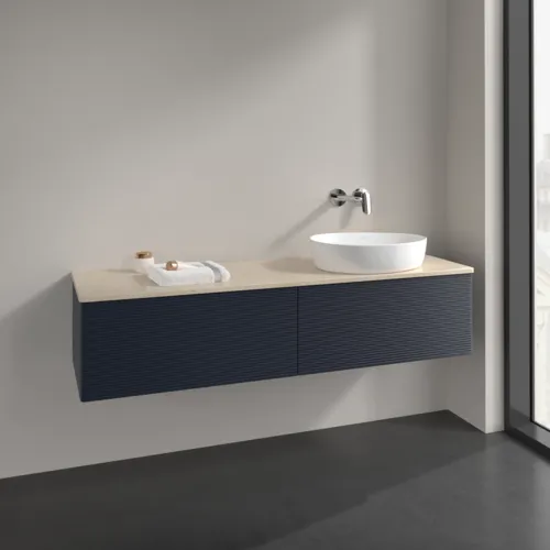 Obrázek VILLEROY BOCH Antao Vanity unit, 2 pull-out compartments, 1600 x 360 x 500 mm, Front with grain texture, Midnight Blue Matt Lacquer / Botticino #K38113HG