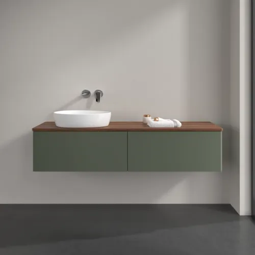 Bild von VILLEROY BOCH Antao Waschbeckenunterschrank, 2 Auszüge, 1600 x 360 x 500 mm, Front ohne Struktur, Leaf Green Matt Lacquer / Warm Walnut #K37012HL