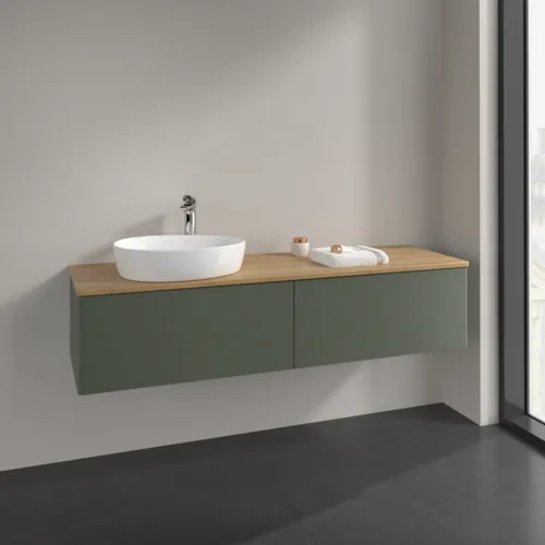 Bild von VILLEROY BOCH Antao Waschbeckenunterschrank, 2 Auszüge, 1600 x 360 x 500 mm, Front ohne Struktur, Leaf Green Matt Lacquer / Honey Oak #K37051HL