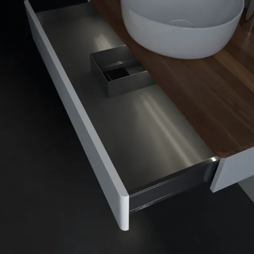Picture of VILLEROY BOCH Antao Vanity unit, with lighting, 1 pull-out compartment, 1000 x 190 x 500 mm, Front with grain texture, White Matt Lacquer / Warm Walnut #L09152MT