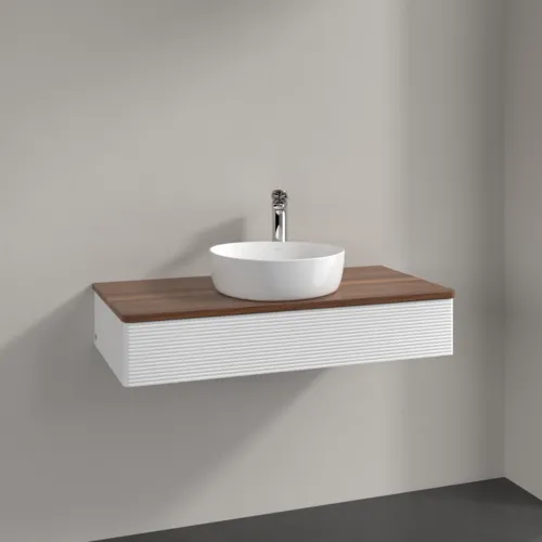 Picture of VILLEROY BOCH Antao Vanity unit, with lighting, 1 pull-out compartment, 1000 x 190 x 500 mm, Front with grain texture, White Matt Lacquer / Warm Walnut #L09152MT