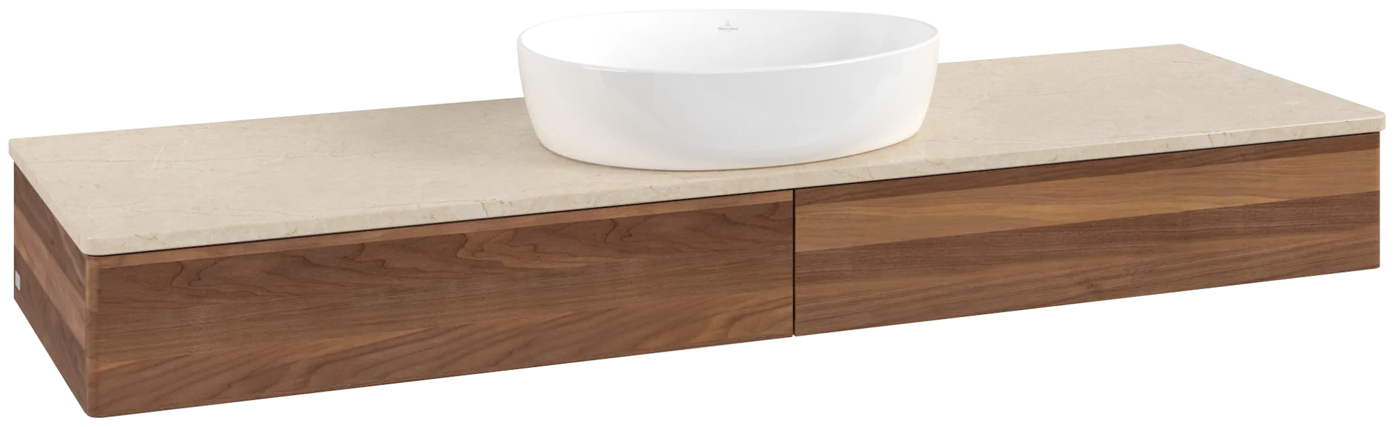 Bild von VILLEROY BOCH Antao Waschbeckenunterschrank, mit Beleuchtung, 2 Auszüge, 1600 x 190 x 500 mm, Front ohne Struktur, Warm Walnut / Botticino #L14013HM