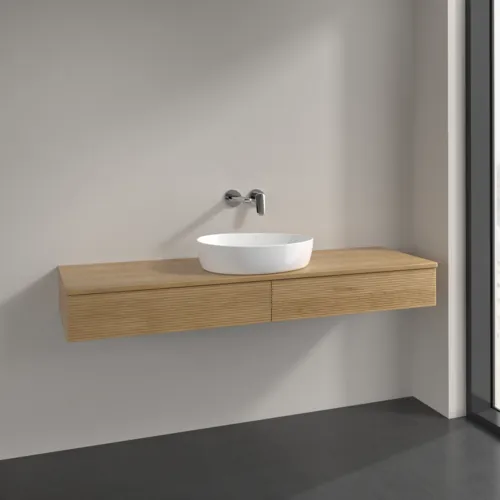 Picture of VILLEROY BOCH Antao Vanity unit, with lighting, 2 pull-out compartments, 1600 x 190 x 500 mm, Front with grain texture, Honey Oak / Honey Oak #L14111HN