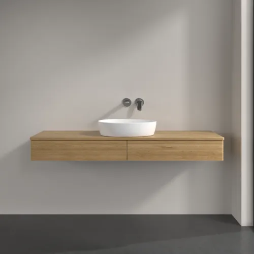 Picture of VILLEROY BOCH Antao Vanity unit, with lighting, 2 pull-out compartments, 1600 x 190 x 500 mm, Front with grain texture, Honey Oak / Honey Oak #L14111HN