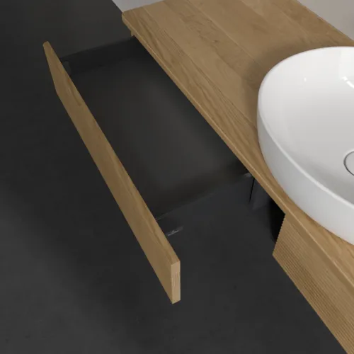 Picture of VILLEROY BOCH Antao Vanity unit, with lighting, 2 pull-out compartments, 1600 x 190 x 500 mm, Front with grain texture, Honey Oak / Honey Oak #L14111HN
