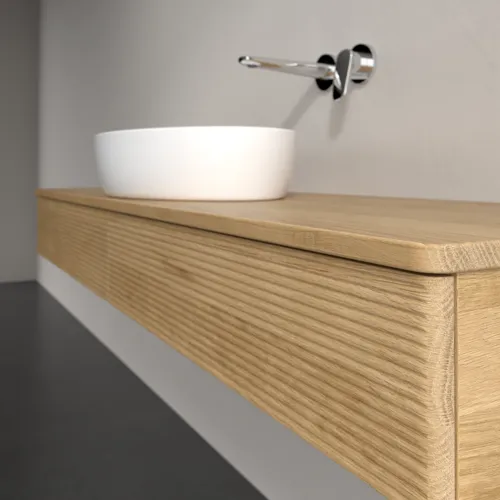 Picture of VILLEROY BOCH Antao Vanity unit, with lighting, 2 pull-out compartments, 1600 x 190 x 500 mm, Front with grain texture, Honey Oak / Honey Oak #L14111HN