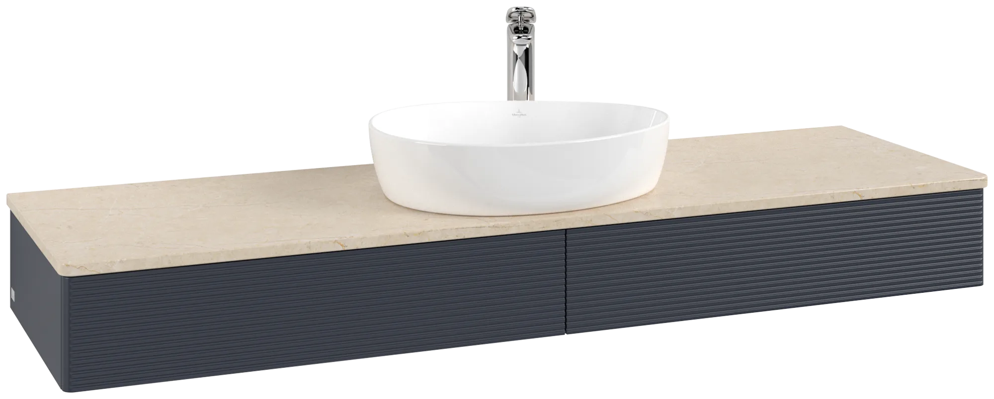 Obrázek VILLEROY BOCH Antao Vanity unit, with lighting, 2 pull-out compartments, 1600 x 190 x 500 mm, Front with grain texture, Midnight Blue Matt Lacquer / Botticino #L14153HG