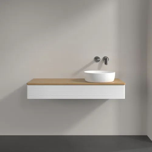 Picture of VILLEROY BOCH Antao Vanity unit, with lighting, 1 pull-out compartment, 1200 x 190 x 500 mm, Front with grain texture, White Matt Lacquer / Honey Oak #L12111MT