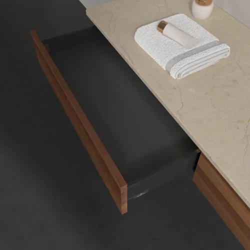 Bild von VILLEROY BOCH Antao Waschbeckenunterschrank, mit Beleuchtung, 2 Auszüge, 1600 x 190 x 500 mm, Front ohne Struktur, Warm Walnut / Botticino #L16013HM