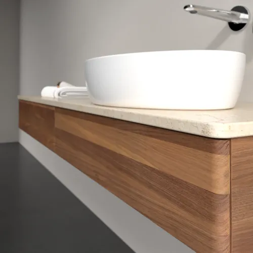 Bild von VILLEROY BOCH Antao Waschbeckenunterschrank, mit Beleuchtung, 2 Auszüge, 1600 x 190 x 500 mm, Front ohne Struktur, Warm Walnut / Botticino #L16013HM