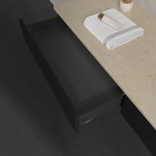 Bild von VILLEROY BOCH Antao Waschbeckenunterschrank, mit Beleuchtung, 2 Auszüge, 1600 x 190 x 500 mm, Front ohne Struktur, Black Matt Lacquer / Botticino #L16053PD