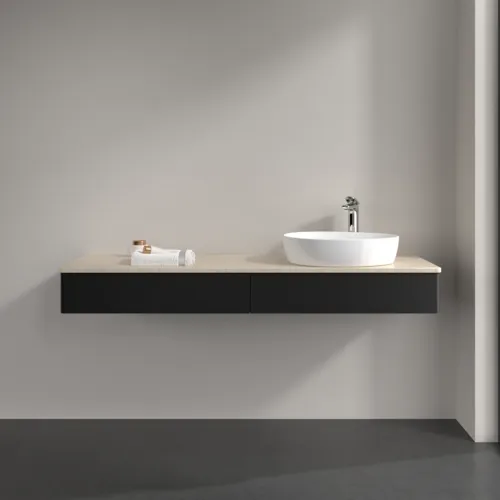 Bild von VILLEROY BOCH Antao Waschbeckenunterschrank, mit Beleuchtung, 2 Auszüge, 1600 x 190 x 500 mm, Front ohne Struktur, Black Matt Lacquer / Botticino #L16053PD